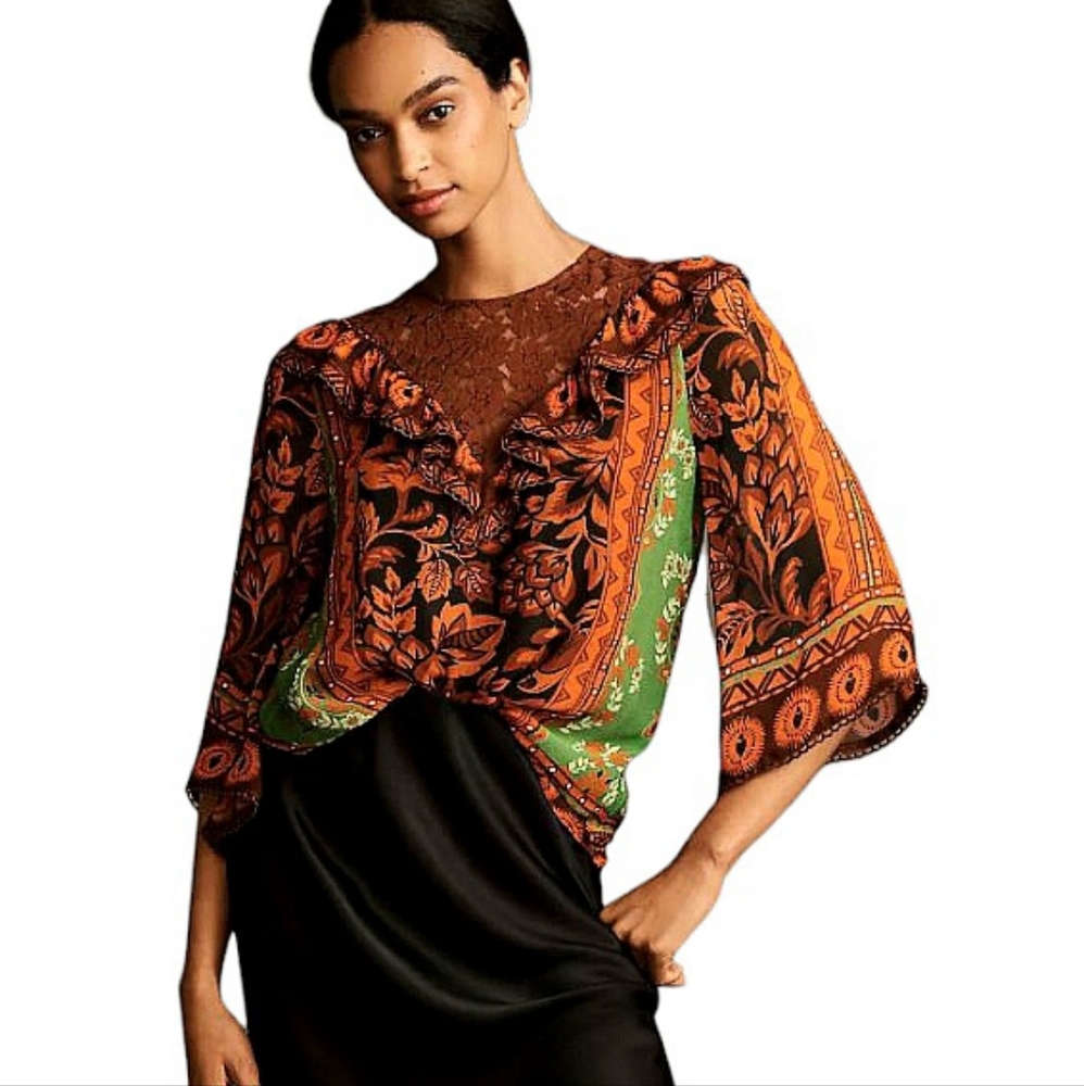 FARM Rio Lace Mix Blouse Dark Floral Long Flared Sleeves XL NWT